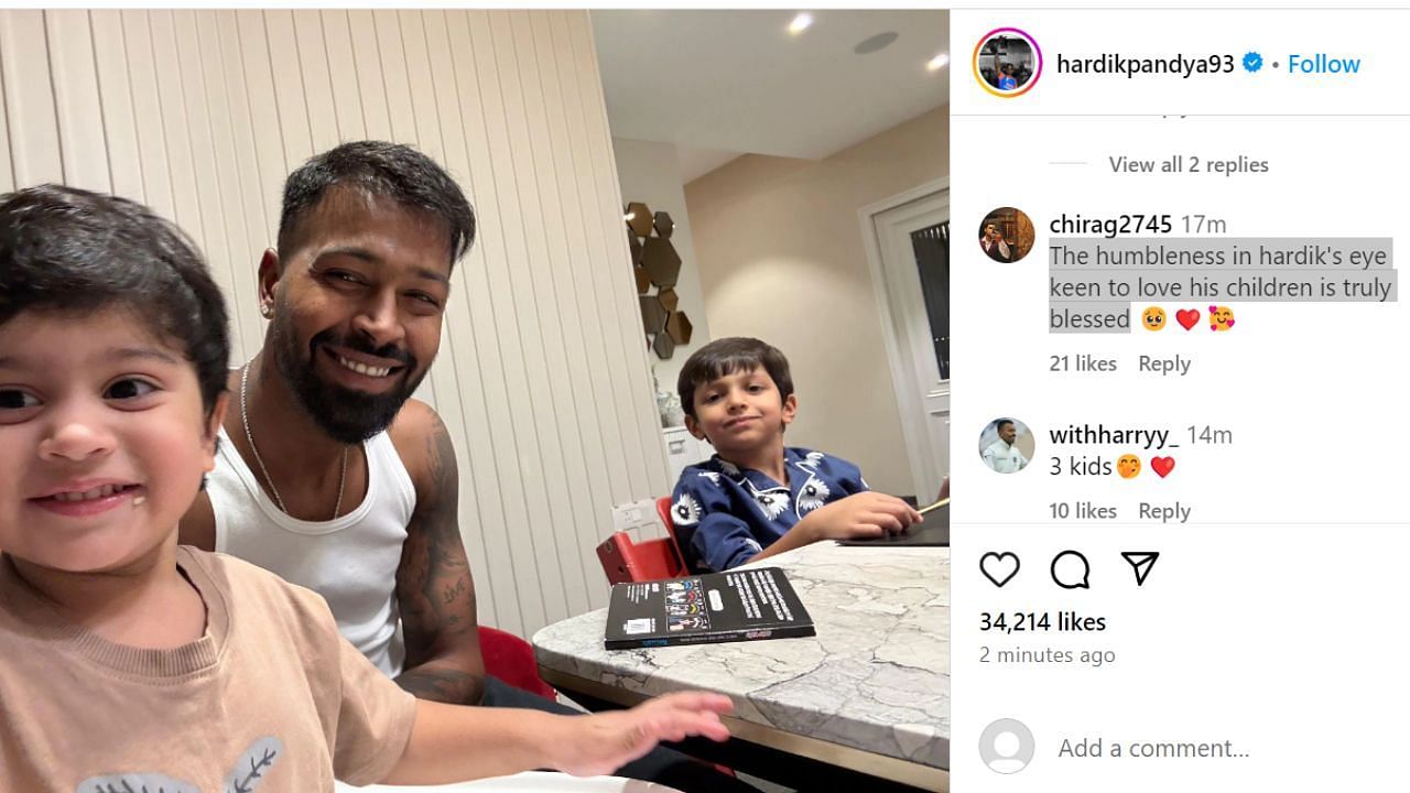 हार्दिक पांड्या की पोस्ट पर फैन ने व्यक्त की प्रतिक्रिया (photo credit: instagram/hardikpandya93)